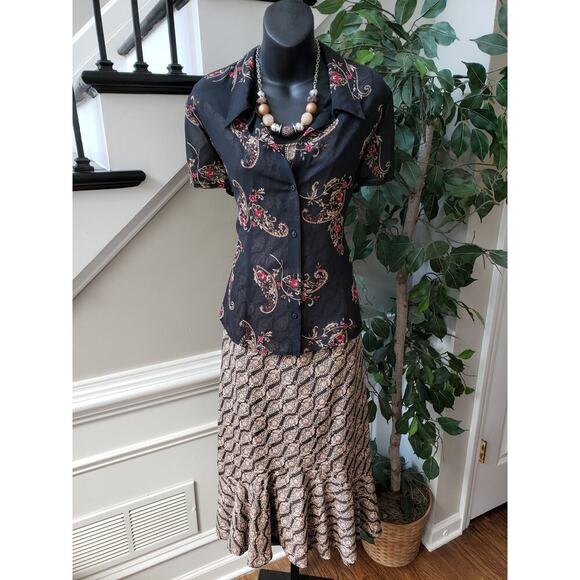 Emma & James 3 Piece Skirt Suit Women Size 14 Black Floral Collar Button Front - Picture 13 of 13